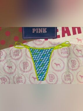 VS PINK VINTAGE Y2K DOUBLE STRING LOW RISE THONG PANTY GREEN BLUE DOG PUP LOGO L